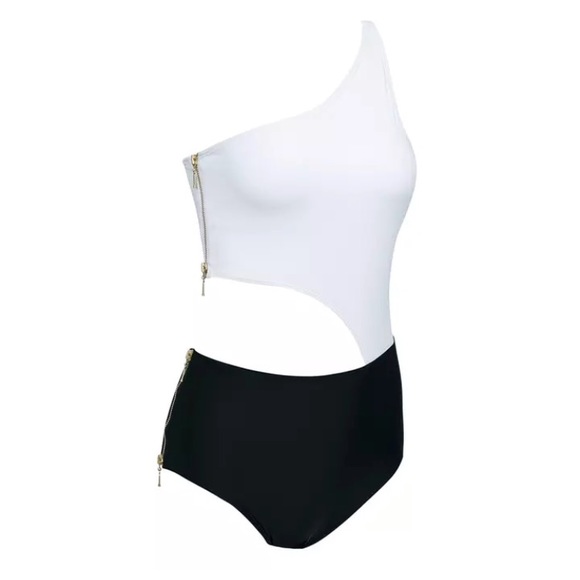 CLEARANCE Black & White Sexy Zip Up Side 1Pc Swimsuit - Picture 6 of 6